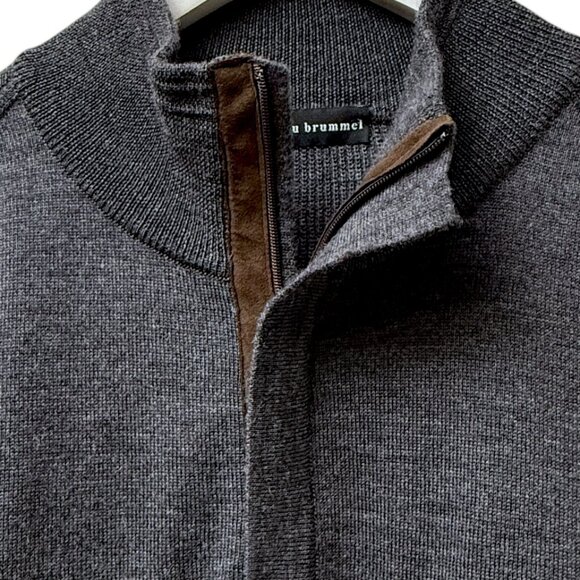 BEAU BRUMMEL Mens Wool Sweater S/m Italian Merino Gray 1/4 Zip Brown Suede - Picture 5 of 11